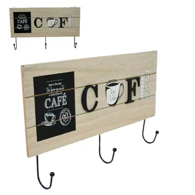 PORTA CHAVE / PANO DE MADEIRA CAFE COM 3 GANCHOS DE METAL 34X21,5CM