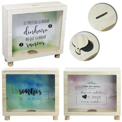 QUADRO COFRE DECORATIVO DE MADEIRA MDF DE MESA FRASES SORTIDAS 20X17X6CM