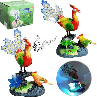 PASSARO MUSICAL PAVAO COM LUZ E MOVIMENTO A PILHA