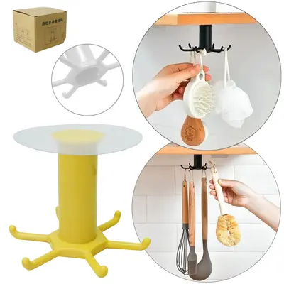 SUPORTE ORGANIZADOR DE PLASTICO PARA UTENSILIOS COM 6 GANCHOS GIRATORIO + AUTOADESIVO 7,5X7,5CM DE Ø