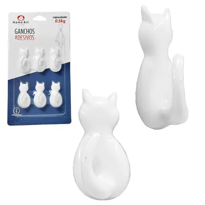 CABIDE GANCHO DE PLASTICO GATO AUTOADESIVO COM 6 PECAS 4X2CM