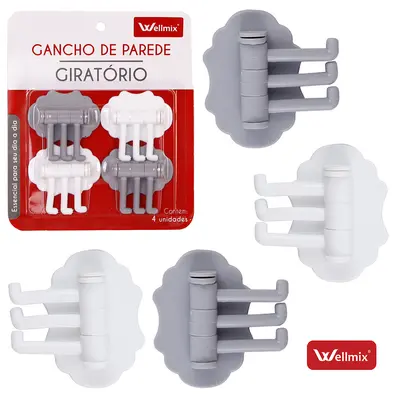 CABIDE GANCHO DE PLASTICO COM 4 PECAS TRIPLO MODULAVEL GIRATORIO AUTOADESIVO 6,5X5CM