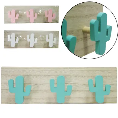 CABIDE GANCHO DE MADEIRA MDF CACTOS RETANGULAR COM 3 GANCHOS 30X10X4,5CM