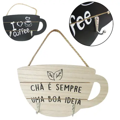PORTA CHAVE DE MADEIRA XICARA COM 2 GANCHOS DE METAL FRASES SORTIDAS 24X15CM