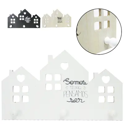 PORTA CHAVE / CABIDEIRO DE MADEIRA MDF CASA COM 3 GANCHOS FRASES SORTIDAS 30X18CM
