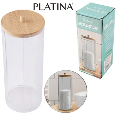 PORTA DISCO DE ALGODAO DE ACRILICO REDONDO COM TAMPA DE BAMBU PLATINA 18X7CM DE Ø