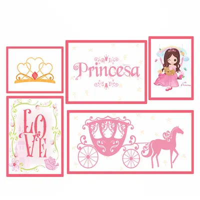QUADRO DECORATIVO 58,5X37CM DE MADEIRA MDF PRINCESA 5 PECAS