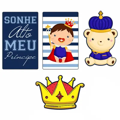 QUADRO DECORATIVO 58,5X37CM DE MADEIRA MDF PRINCIPE / COROA / URSO 4 PECAS