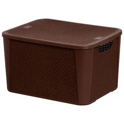 CESTO CAIXA ORGANIZADOR DE PLASTICO RETANGULAR RATTAN MARROM CAFE COM TAMPA E ALCA Nº4 48X36,5X28CM