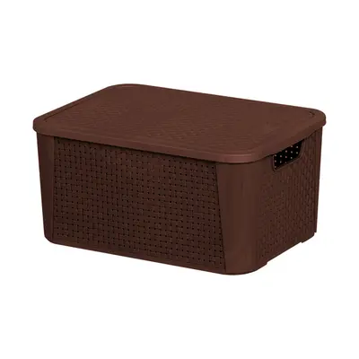CESTO CAIXA ORGANIZADOR DE PLASTICO RETANGULAR RATTAN MARROM CAFE COM TAMPA E ALCA Nº2 32,5X22X15CM
