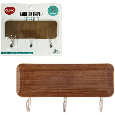 CABIDE GANCHO DE METAL RETANGULAR TIPO MADEIRA COM 3 GANCHOS AUTOADESIVO 13X6,5CM