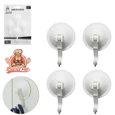 CABIDE GANCHO DE PLASTICO COM VENTOSA DE PRESSAO 4 PECAS 7X4,5CM DE Ø NA CARTELA