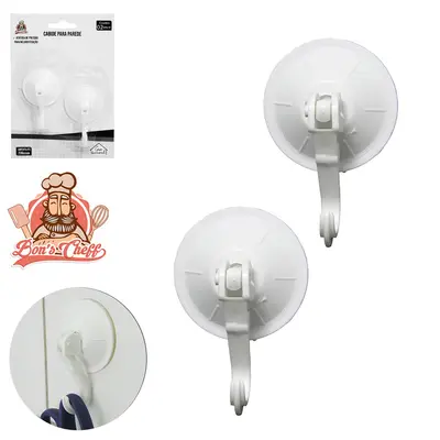 CABIDE GANCHO DE PLASTICO COM VENTOSA DE PRESSAO 2 PECAS 7X5CM DE Ø NA CARTELA