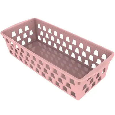 CESTO ORGANIZADOR DE PLASTICO RETANGULAR VAZADO COM ALCA ROSA 37X16X9CM