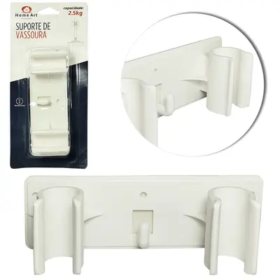 SUPORTE PORTA VASSOURA COM 2 ENCAIXES E 1 GANCHO DE PLASTICO 13X4,5X3,5CM