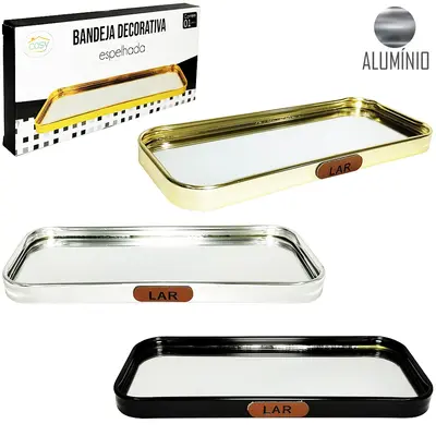 BANDEJA DE ALUMINIO COM ESPELHO RETANGULAR DECORATIVA 22X9,5CM NA CAIXA
