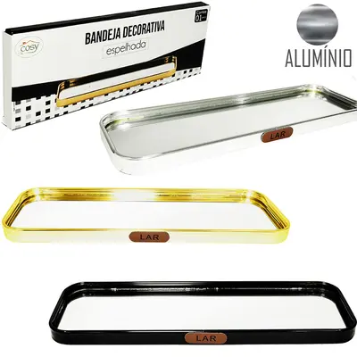 BANDEJA DE ALUMINIO COM ESPELHO RETANGULAR DECORATIVA 30X10CM NA CAIXA