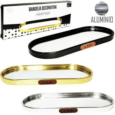 BANDEJA DE ALUMINIO COM ESPELHO OVAL DECORATIVA 30X10CM NA CAIXA