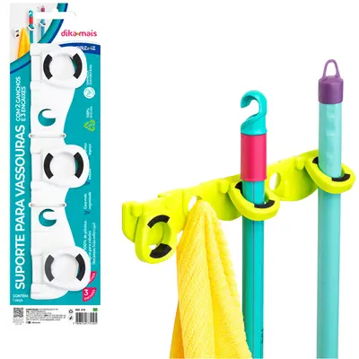 SUPORTE PORTA VASSOURA COM 3 ENCAIXES E 2 GANCHOS DE PLASTICO 26,5X5CM DIKAMAIS