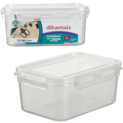 ORGANIZADOR CONTAINER DE PLASTICO RETANGULAR COM TAMPA E TRAVA 1L DIKAMAIS