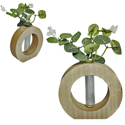 ENFEITE REDONDO DE MADEIRA MDF COM VASO DE VIDRO DE FLOR PERMANENTE 12,5X13CM