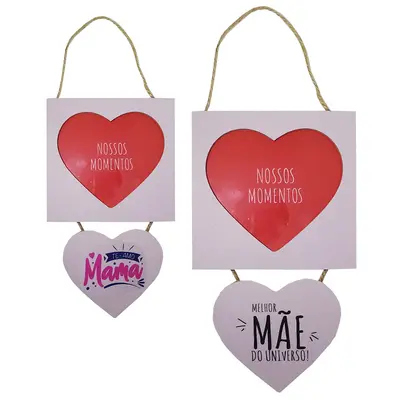 ENFEITE PLACA COM CORACAO DE MADEIRA MDF FRASES PARA PENDURAR 27CM