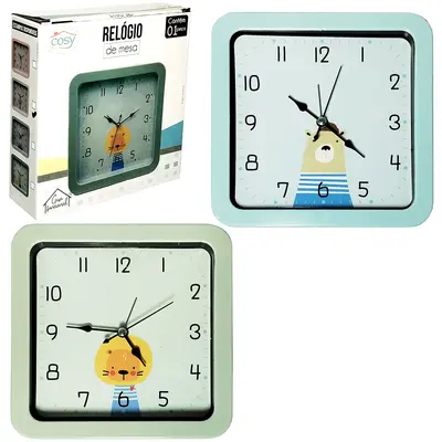 RELOGIO DESPERTADOR DE MESA / PAREDE QUADRADO BICHINHOS 15,2CM