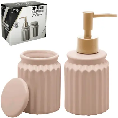 JOGO PARA BANHEIRO DE PORCELANA REDONDO STRIPES NUDE 2 PECAS