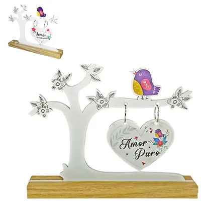 ENFEITE ARVORE COM PASSARO + CORACAO E BASE MADEIRA 24X19X3,8CM