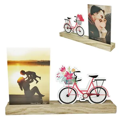 PORTA RETRATO 10X15 COM BICICLETA + BASE DE MADEIRA 27X16X3,8CM