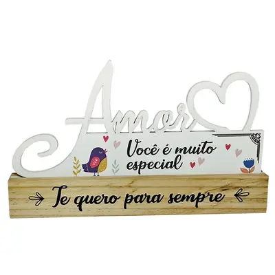 ENFEITE PALAVRA AMOR COM CORACAO BRANCO + BASE DE MADEIRA 24X14,5X2,5CM