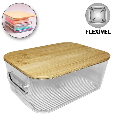 ORGANIZADOR DE PLASTICO PET FLEXIVEL RETANGULAR COM ALCA + TAMPA DE BAMBU 20X15X8CM