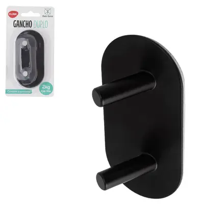 CABIDE GANCHO DE METAL OVAL DUPLO AUTOADESIVO PRETO 9,5X4,8X3CM