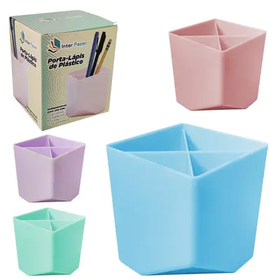 ORGANIZADOR DE MESA / PORTA CANETA / LAPIS DE PLASTICO QUADRADO COM 4 CAVIDADES INTER PAPER 14X12X8,5CM