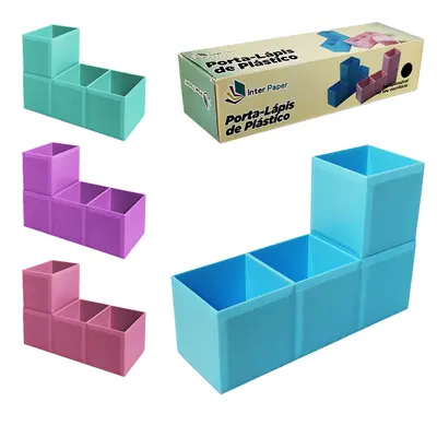 ORGANIZADOR DE MESA / PORTA CANETA / LAPIS DE PLASTICO RETANGULAR MODULAVEL 3 CAVIDADES INTER PAPER 15,5X11X5CM