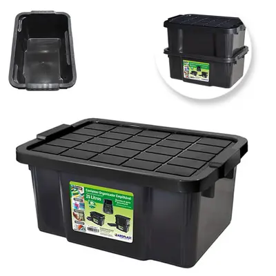 CAIXA ORGANIZADOR CONTAINER DE PLASTICO RETANGULAR EMPILHAVEL PRETO COM TAMPA + ALCA 25L 51X36,5X23,5CM