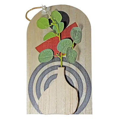 ENFEITE PLACA DE MADEIRA MDF COM VASO DE FLOR PERMANENTE PARA PENDURAR 23,5X13CM