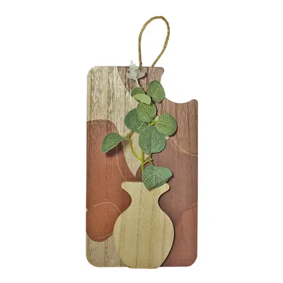 ENFEITE PLACA DE MADEIRA MDF COM VASO DE FLOR PERMANENTE PARA PENDURAR 23,5X13CM