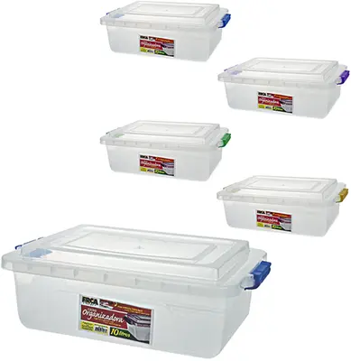 CAIXA ORGANIZADOR CONTAINER DE PLASTICO RETANGULAR COM TRAVA COLORS 10L 14X43CM