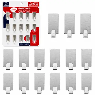 CABIDE GANCHO DE INOX RETANGULAR AUTOADESIVO COM 15 PECAS 3,5X1,5CM
