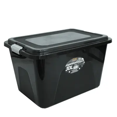 CAIXA ORGANIZADOR CONTAINER DE PLASTICO RETANGULAR BLACK COM TAMPA + TRAVA E ALCA 30L 47X34X28,5CM