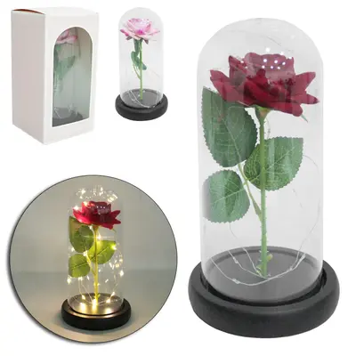 ENFEITE CUPULA COM FLOR TECIDO + MICRO LED E BASE DE MADEIRA A PILHA 21X11CM DE Ø