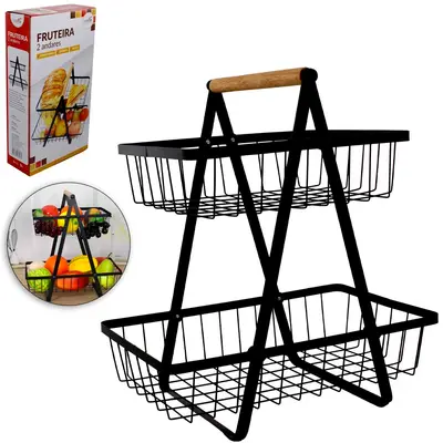 CESTA FRUTEIRA DE MESA ARAMADO RETANGULAR COM 2 ANDARES + ALCA DE MADEIRA PRETO 33X30X18CM