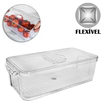 ORGANIZADOR DE GELADEIRA PLASTICO PET FLEXIVEL RETANGULAR COM ESCORREDOR + TAMPA + VALVULA E ALCA FACILE 34X16,5X10CM