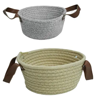 CESTA DE CORDA REDONDA COM ALCA DE COURO SINTETICO 9X19CM DE Ø
