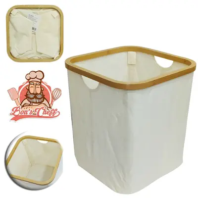 CESTO ORGANIZADOR MULTIUSO DE POLIESTER DOBRAVEL QUADRADO COM BORDA DE BAMBU 37X33CM