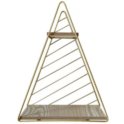 PRATELEIRA DECORATIVA TRIANGULAR DUPLA ARAMADO / MADEIRA METALIZADO DOURADO 33X25X9,5CM