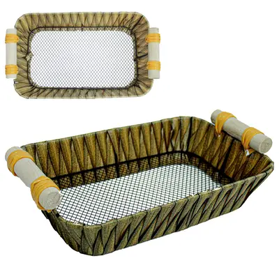CESTA ARAMADA TIPO VIME RETANGULAR COM ALCA DE MADEIRA 30,5X18X6,4CM