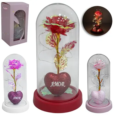ENFEITE CUPULA COM FLOR CINTILANTE + MICRO LED CORACAO E BASE DE PLASTICO A PILHA 21X11CM DE Ø