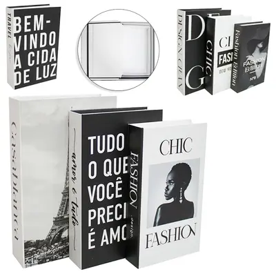 CAIXA DECORATIVA MODELO LIVRO ESTAMPAS SORTIDAS DCA DECOR COM 3 PECAS